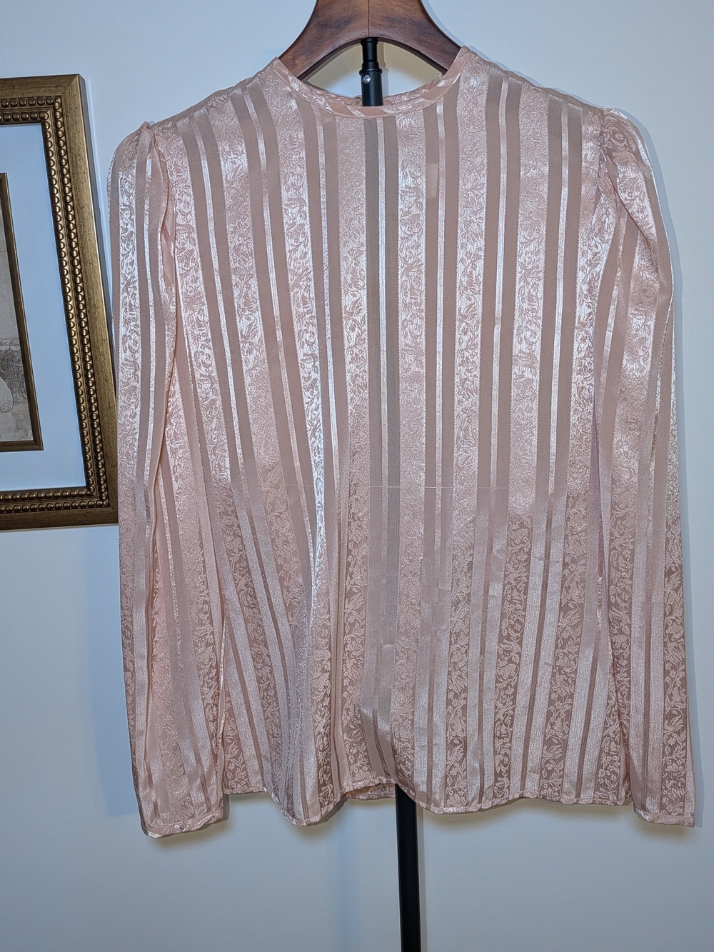 Women's Blush Pink Long Sleeve Lace-Striped Blouse